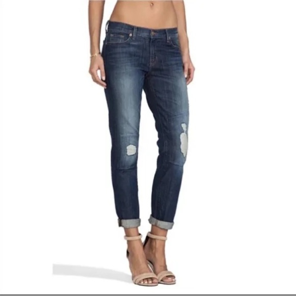 J Brand | Women's Mid-Dark Blue Denim Aidan Distressed Patchwork Jeans, size 29
